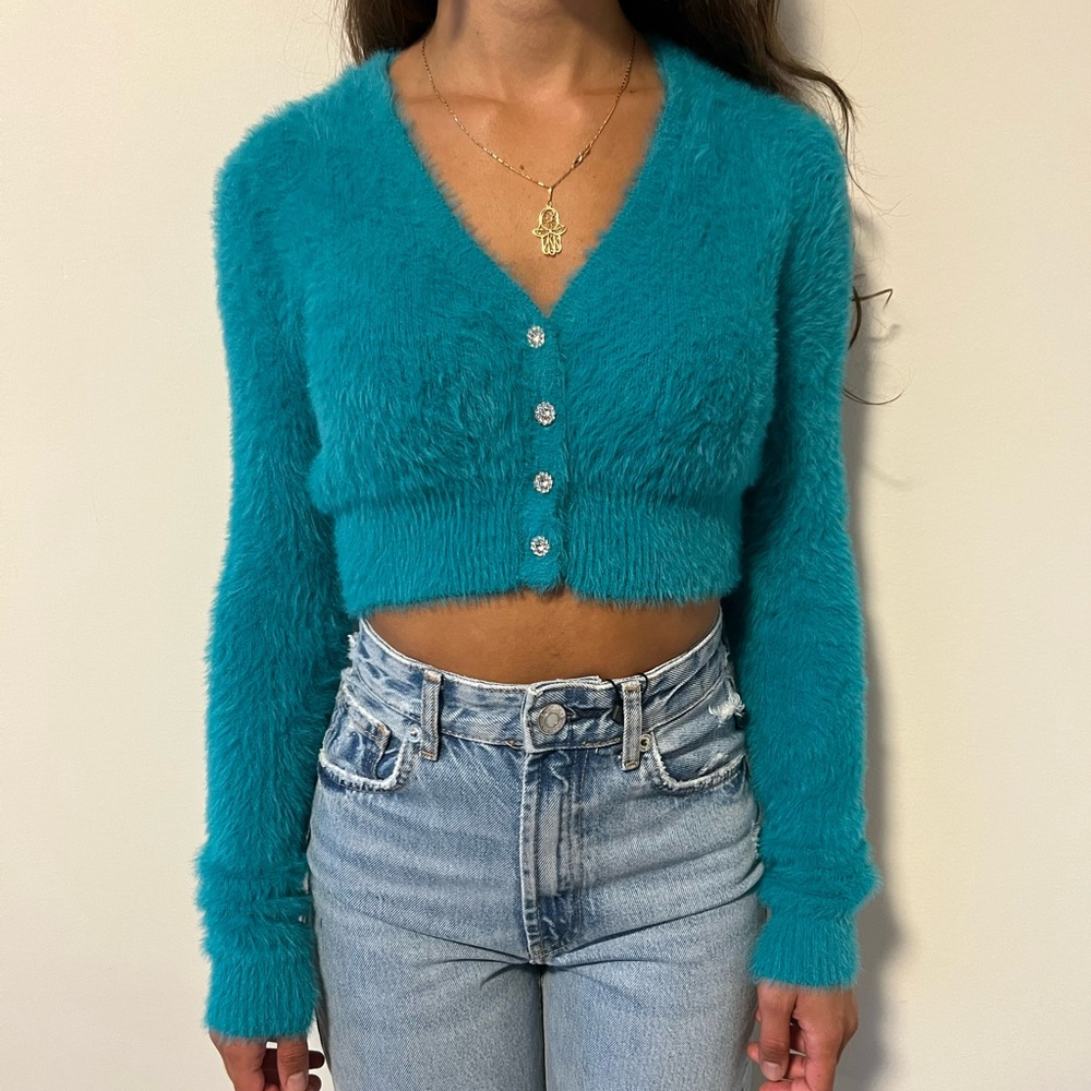 Brand New Zara Teal Fuzzy Button-Up Women's Sweater Size S